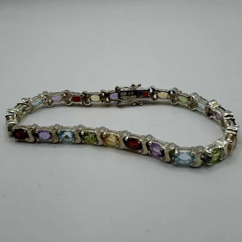 925 Sterling Silver Multicolor Tennis Bracelet 8" 16.7g Thailand Vintage